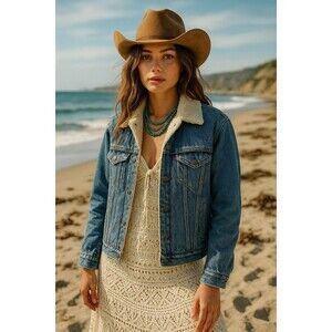 Levi’s Sherpa Denim Jacket Women’s XS Boho Coastal Cowgirl Western Trucker Jean